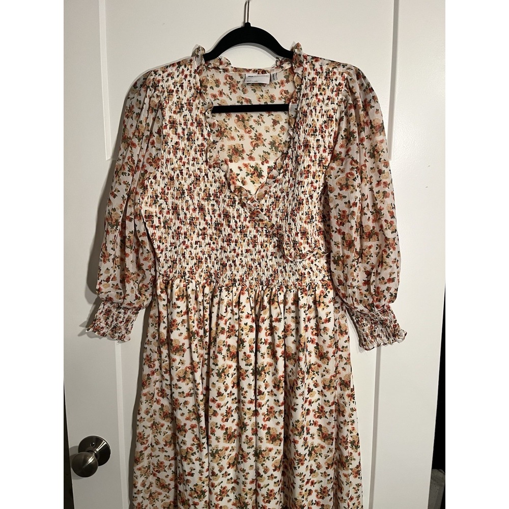 ASOS DESIGN Womens UK 12 US 8 Floral Smocked Midi Dress Ruffle Long Sleeve